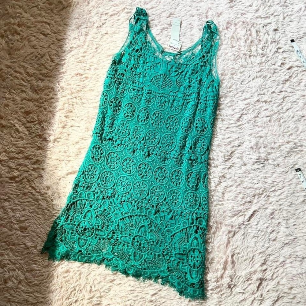 Teal Lace Boho Coquette Hippie Layered Dress Womens L Earthy Jade Crotchet Indie